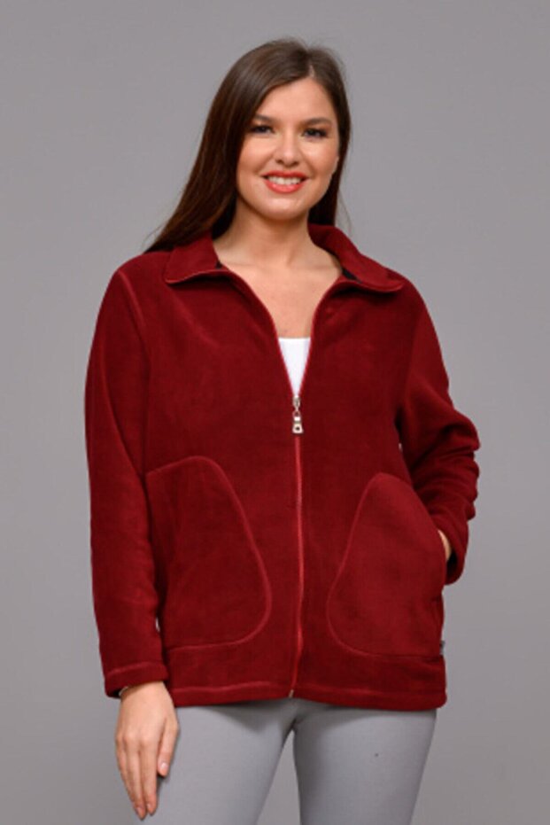 Women's Burgundy Fleece Zippered Cardigan
