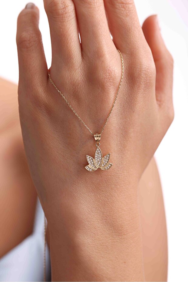 14 Ayar Altın Taşlı Lotus Çiçeği Kolye Ucu - 1