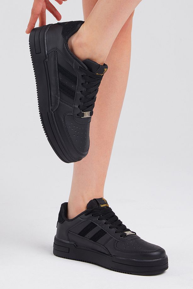 Unisex Siyah Siyah Yanı Çizgili Bağcıklı Rahat Kalıp Sneaker - 5