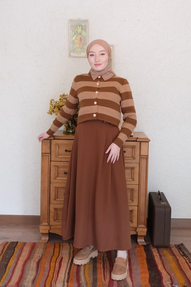 Acı Kahve Tek Düğmeli Etek - 4