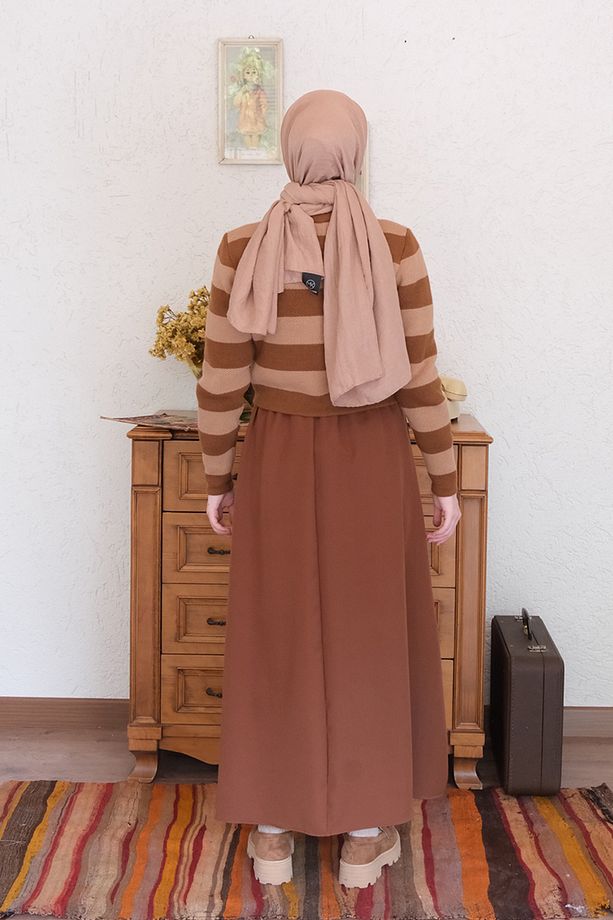 Acı Kahve Tek Düğmeli Etek - 5