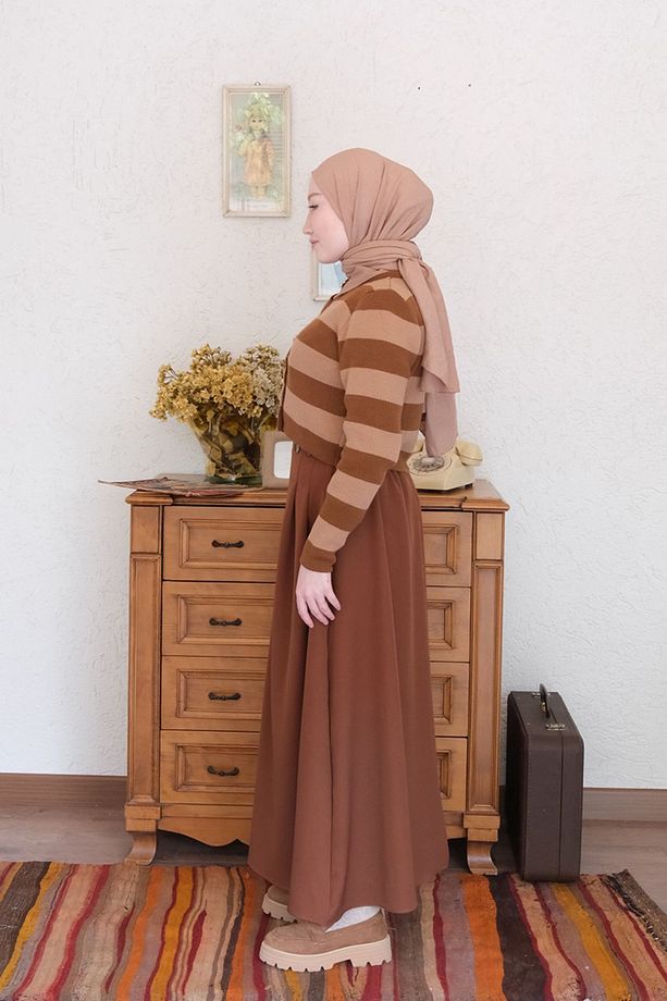 Acı Kahve Tek Düğmeli Etek - 2