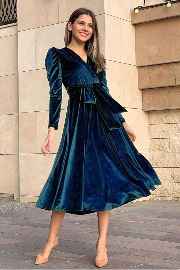 Petrol Blue Watermelon Sleeve Double Breasted Velvet Belted Plus Size Dress