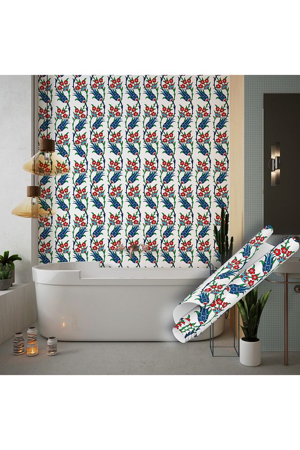 Lacivert Lale Motifli Yapışkanlı Folyo Çini Desenli Su Geçirmez Mutfak Banyo Sticker Kaplama 0710 - 6