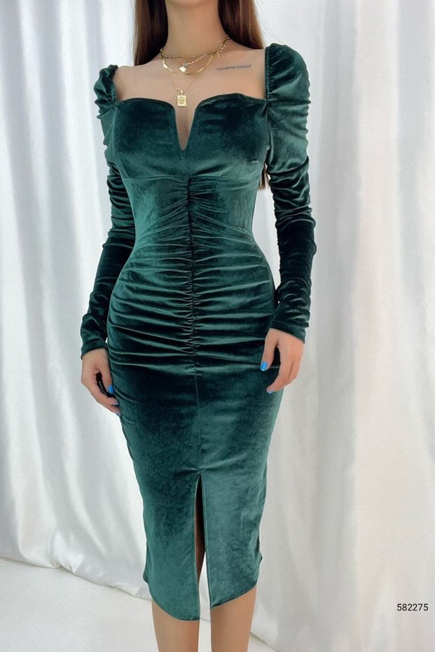 Women's Draped Green Velvet New Season Pencil Dress