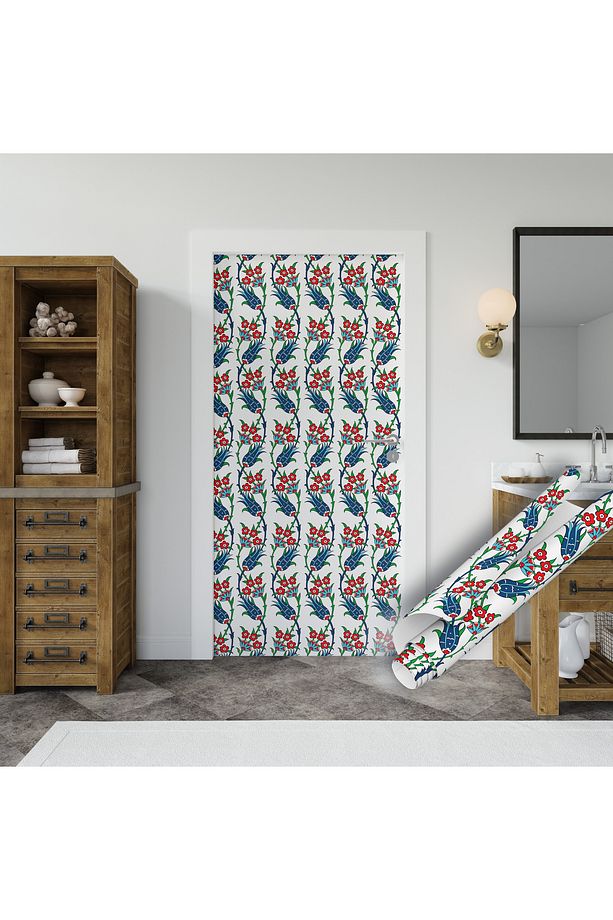 Lacivert Lale Motifli Yapışkanlı Folyo Çini Desenli Su Geçirmez Mutfak Banyo Sticker Kaplama 0710 - 8