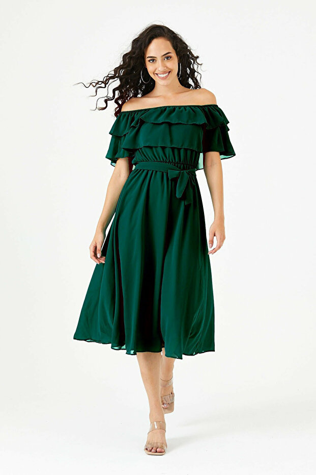 Green Madonna Ruffle Collar Plus Size Chiffon Dress