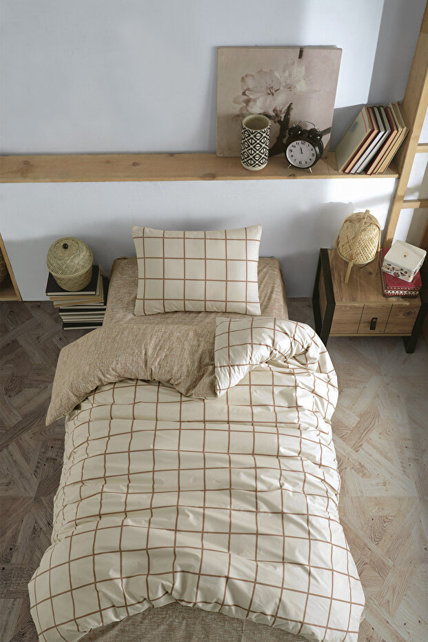 100% Cotton Cream Color & Square Patterned Single Duvet Cover Set