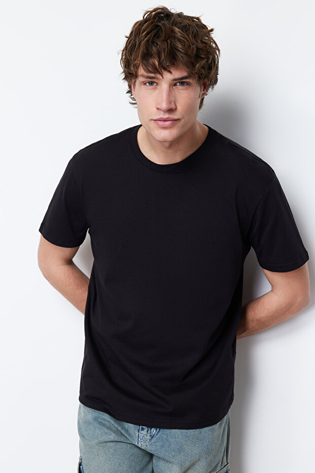 Siyah Basic %100 Pamuklu Regular/Normal Kesim Bisiklet Yaka T-Shirt TMNSS21TS0808 - 5