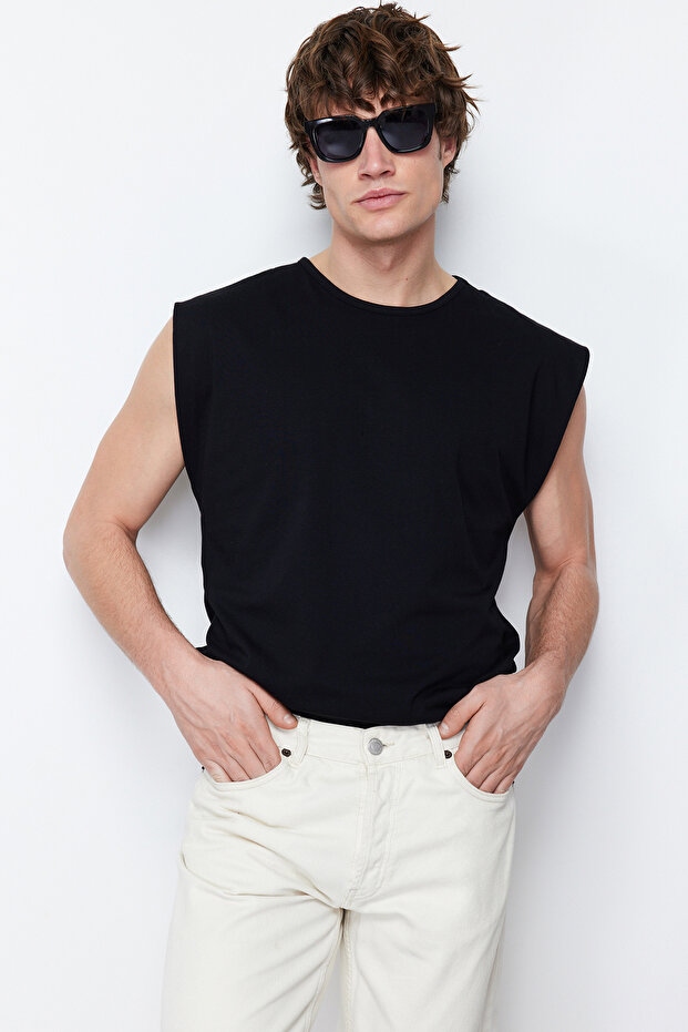 Siyah Basic Regular/Normal Kesim %100 Pamuk Kolsuz Atlet/T-Shirt TMNSS20AL0067 - 3