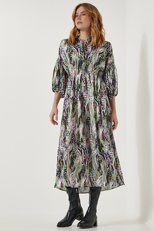 Women's Green Patterned Satin Surface Stylish Dress RG00002