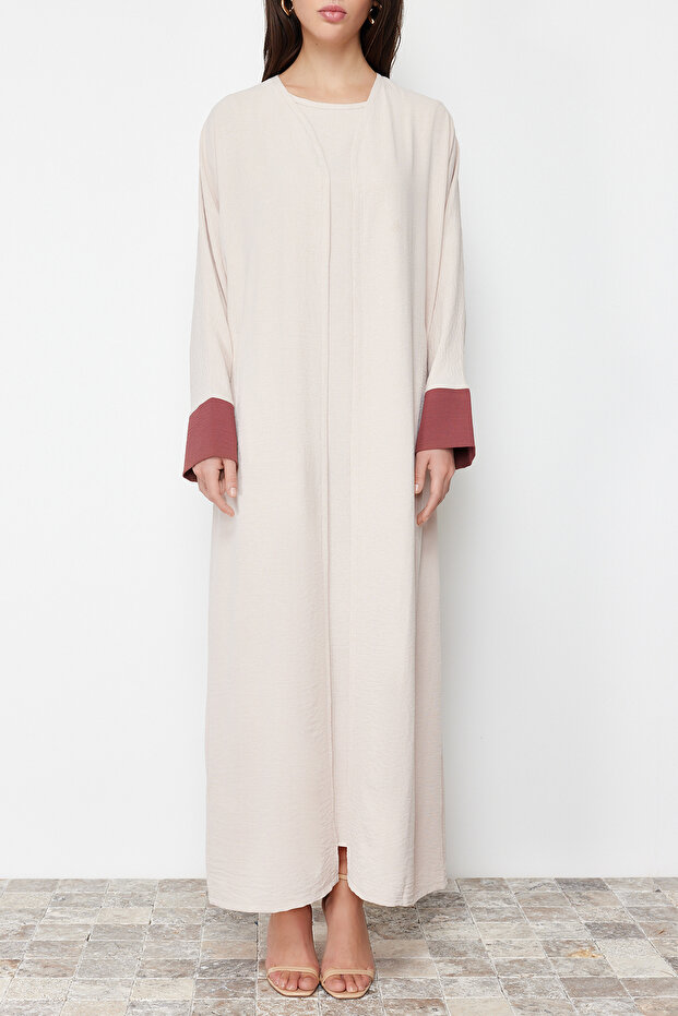 Taş Renk Bloklu Aerobin Ferace/Abaya & Elbise 2'li Dokuma Takım TCTSS24US00033 - 4