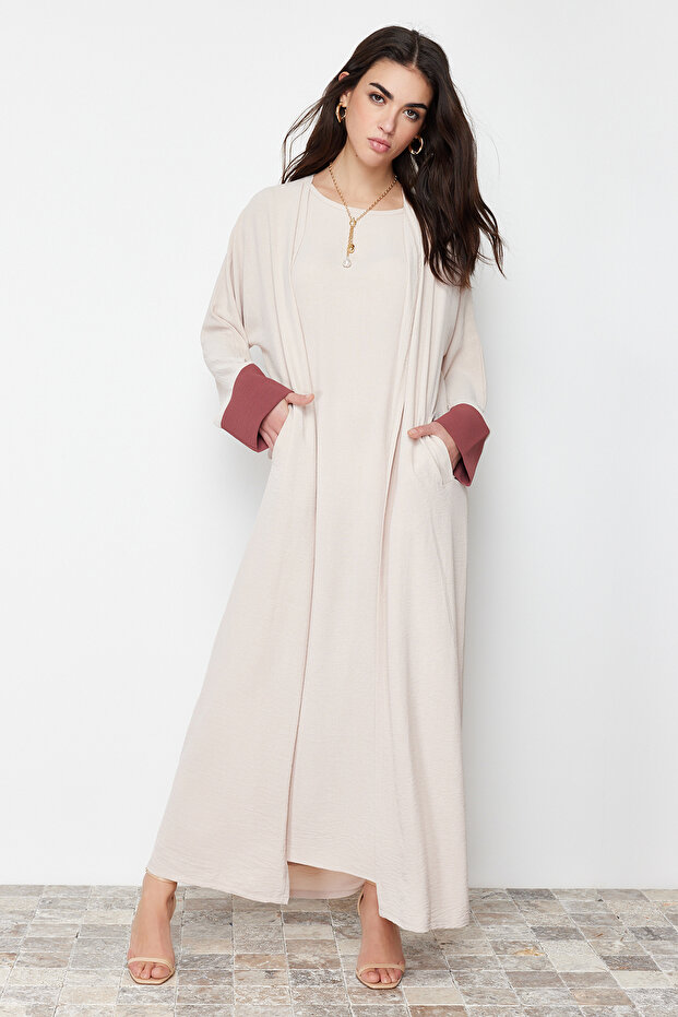 Taş Renk Bloklu Aerobin Ferace/Abaya & Elbise 2'li Dokuma Takım TCTSS24US00033 - 1
