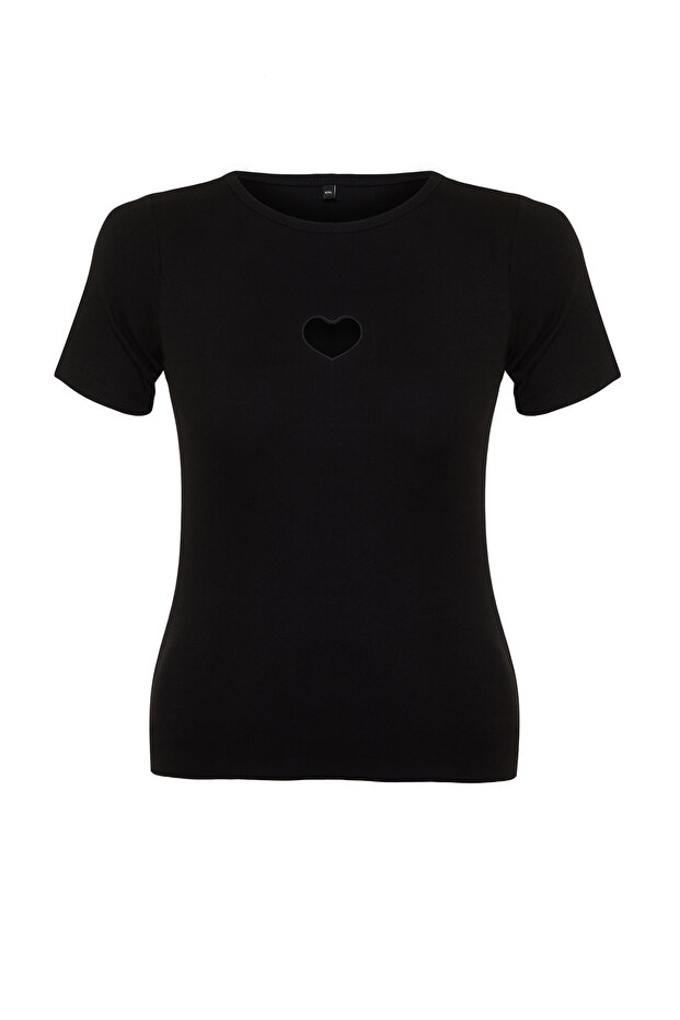Siyah Slim Fit Kalpli Cut-Out Detaylı Fitilli %100 Pamuk Örme Büyük Beden T-shirt TBBSS24BF00006 - 7
