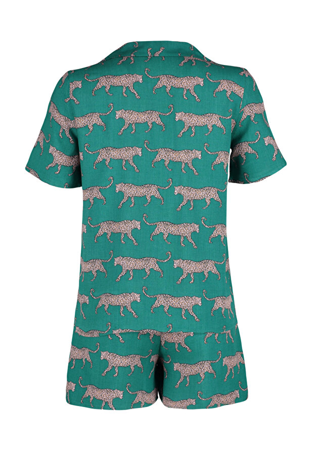 Zümrüt Yeşili Desenli Viskon Şortlu Dokuma Pijama Takımı THMSS21PT0473 - 8