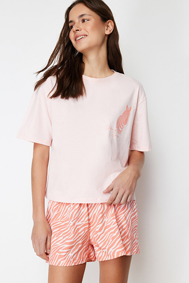Pembe %100 Pamuklu Zebra Baskılı Şortlu Örme Pijama Takımı THMSS24PT00042 - 2