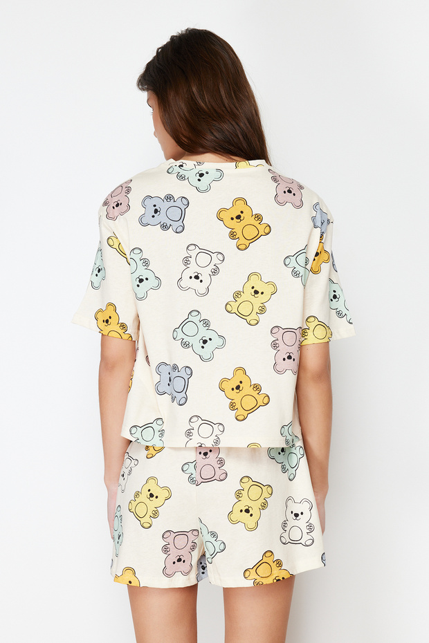 Ekru %100 Pamuklu Ayıcıklı Şortlu Örme Pijama Takımı THMSS24PT00072 - 6