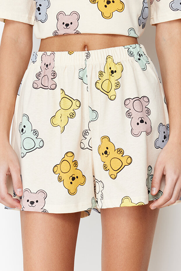 Ekru %100 Pamuklu Ayıcıklı Şortlu Örme Pijama Takımı THMSS24PT00072 - 5