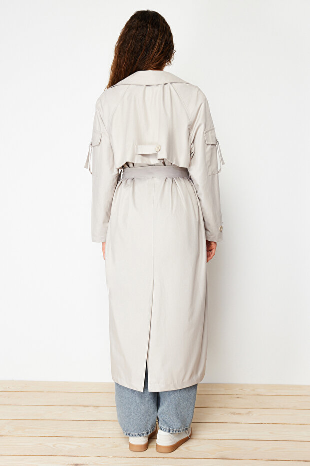 Kamienny, oversize, szeroki trencz z paskiem TWOSS24TR00018 - 6
