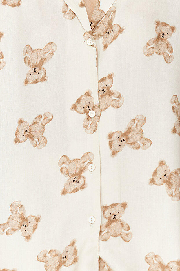 Bej Ayıcıklı Viskon Şortlu Dokuma Pijama Takımı THMSS24PT00067 - 5