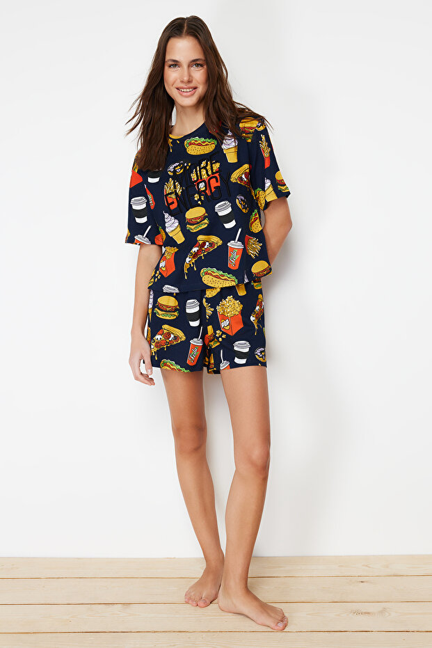 Lacivert-Çok Renkli %100 Pamuklu Slogan Nakışlı Şortlu Örme Pijama Takımı THMSS24PT00104 - 3
