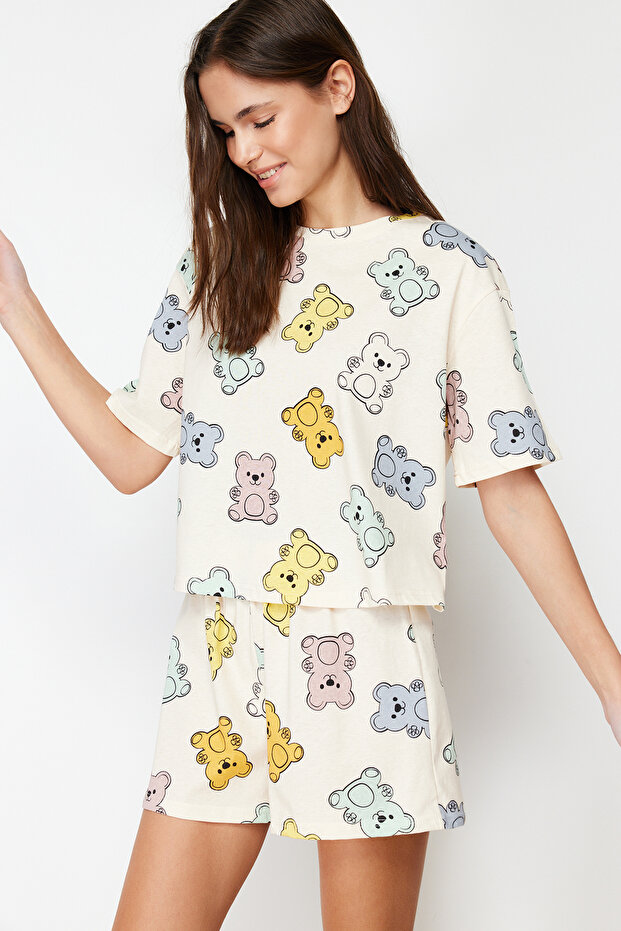 Ekru %100 Pamuklu Ayıcıklı Şortlu Örme Pijama Takımı THMSS24PT00072 - 1