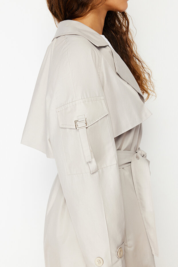 Kamienny, oversize, szeroki trencz z paskiem TWOSS24TR00018 - 5