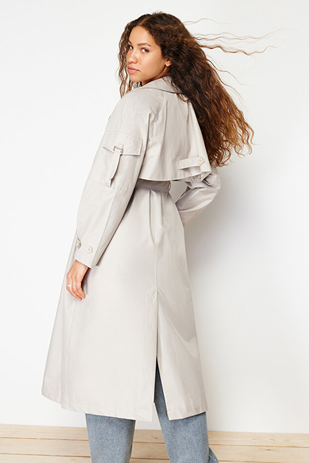 Kamienny, oversize, szeroki trencz z paskiem TWOSS24TR00018 - 3