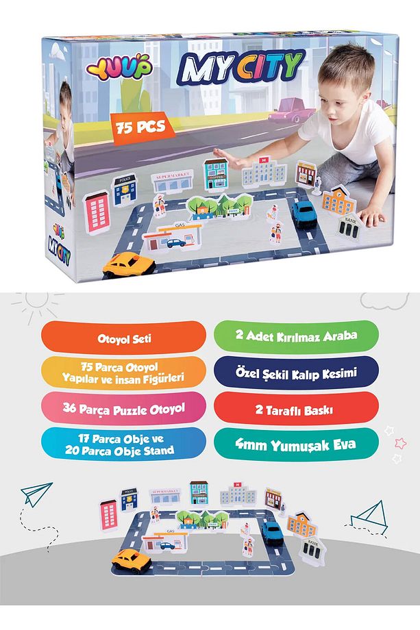 Eğitici Otoyol ve Şehir Binaları Eva Puzzle Oyun Seti 71 Parça 2 Araç Dahil - 3