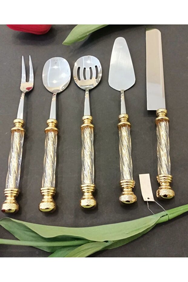 AVANGARDE SPECIAL DESIGN STAINLESS STEEL GOLD CRYSTAL HANDLE GORGEOUS SERVICE SET CONSISTE OF 5 PIECES