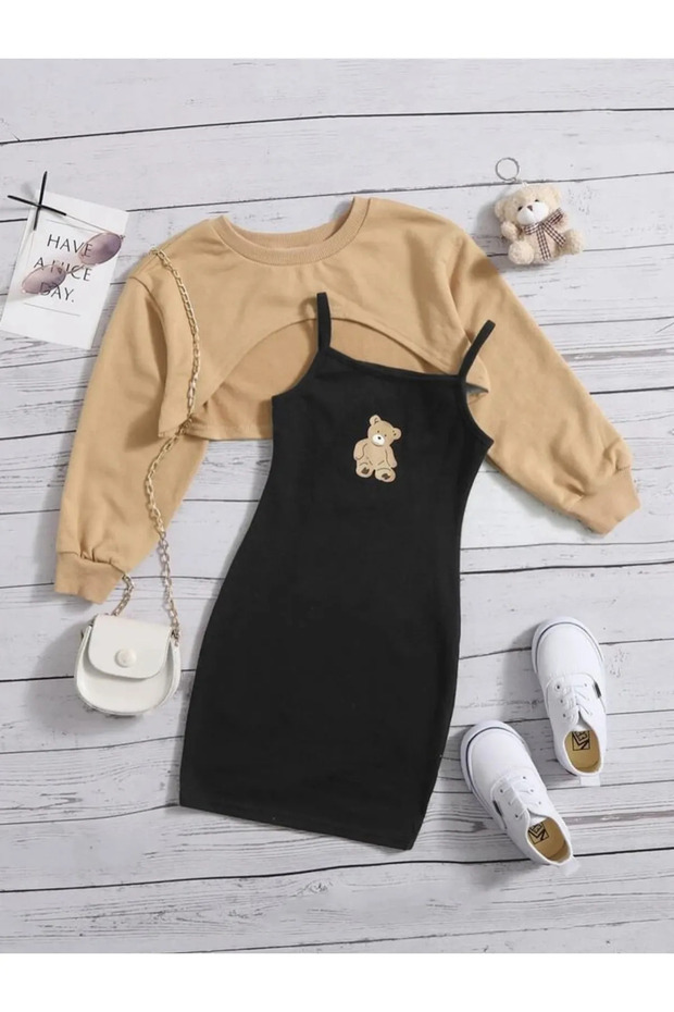Children's Teddy Bear Print Dress & Crop Sweat Combination