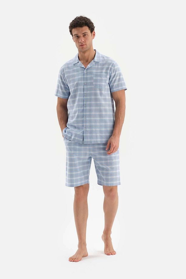 Açıkmavi Gömlek Yaka Ekose Dokuma Şortlu Pijama Takımı - 1