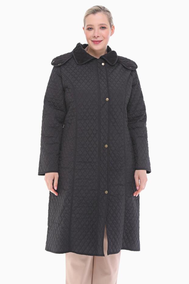 Women's Large Size Hooded 120 Cm Black Quilted Coat 1020