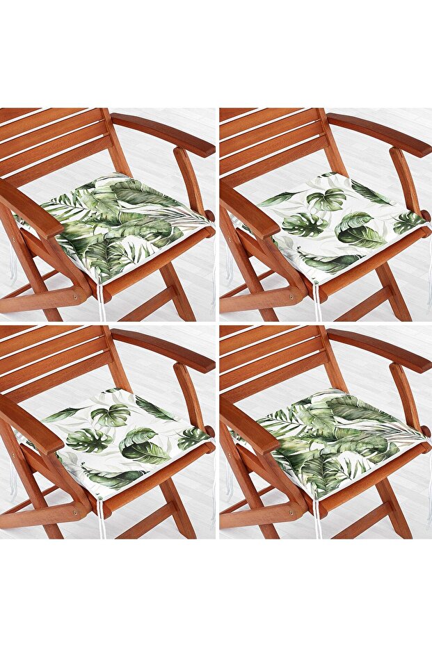 4-Piece Green Exotic Leaf Design Digital Printed Modern Zippered Chair Cushion Set
