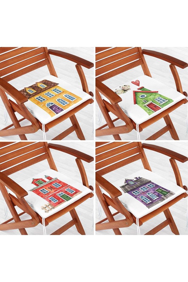 Set of 4 Colorful Houses Special Design Digital Printed Modern Zippered Chair Cushions