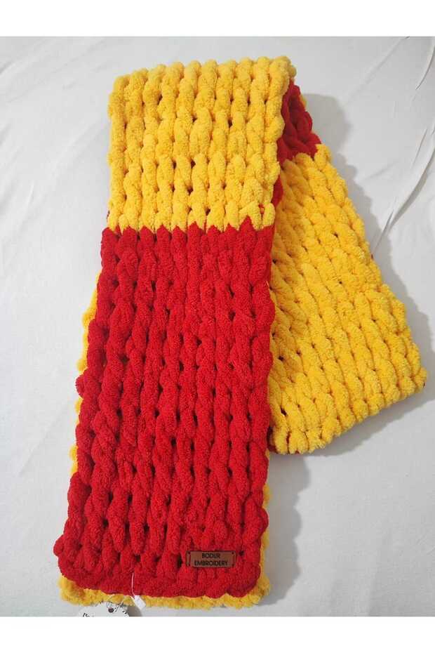 Scarf Puffy 100% Hand Knitted 200 * 22 Cm RED 56 + YELLOW 216