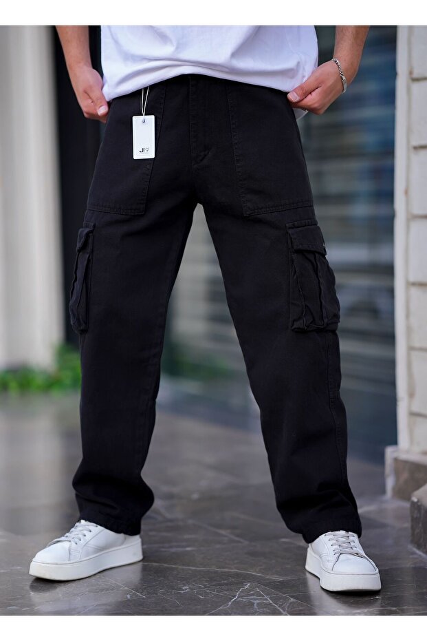 Men's Cargo Pocket Baggy Trousers Black Color