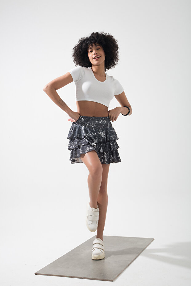 Hola Elastic Waist Frilly Three-Layer Printed Mini Skirt
