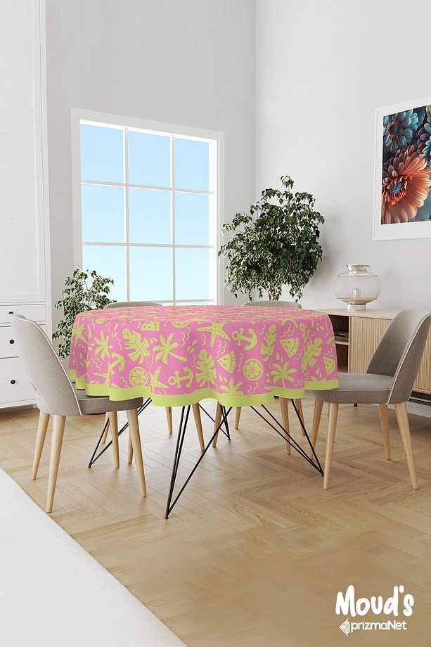 Pembe Sarı Palmiyeler Desenli Yuvarlak Süet Dertsiz Masa Örtüsü - 1