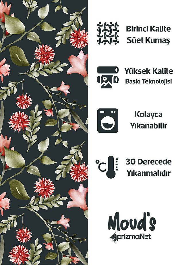Koyu Yeşil Kırmızı Çiçek Desenli Yuvarlak Süet Dertsiz Masa Örtüsü - 2