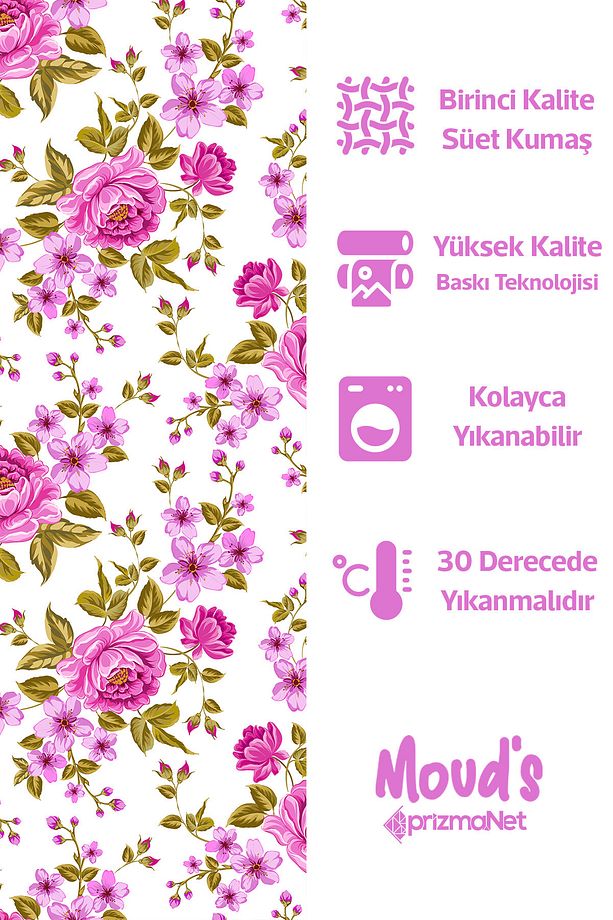 Pembe Lila Çiçek Desenli Yuvarlak Süet Dertsiz Masa Örtüsü - 2