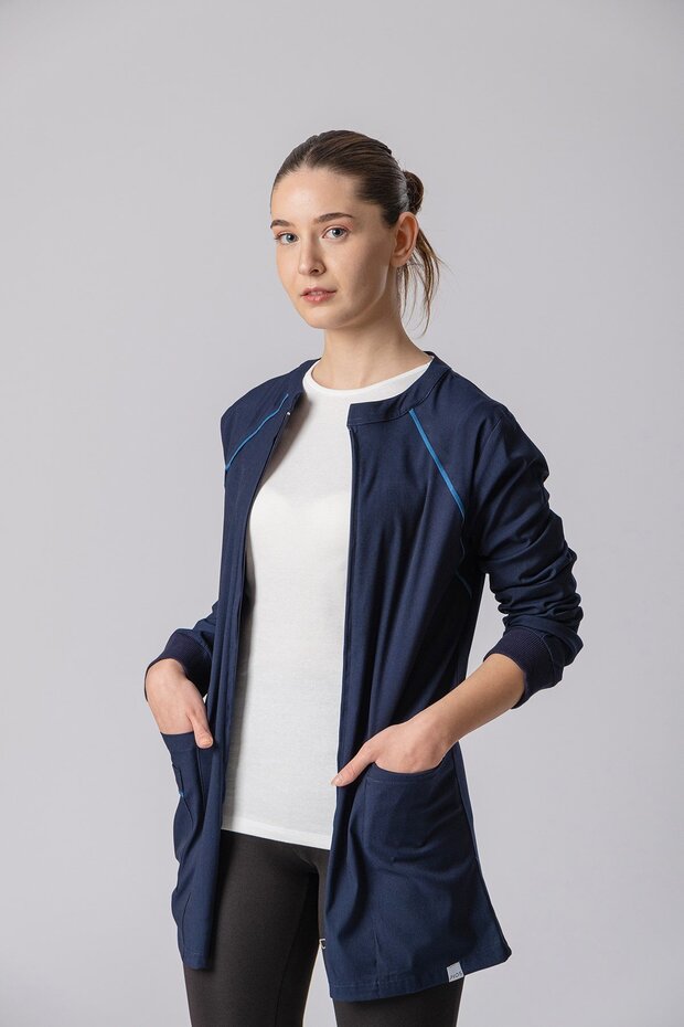 Bergama Women's Long Sleeve Navy Blue Single Top Lycra - Zippered - Doctor Nurse Uniform - Scrubs