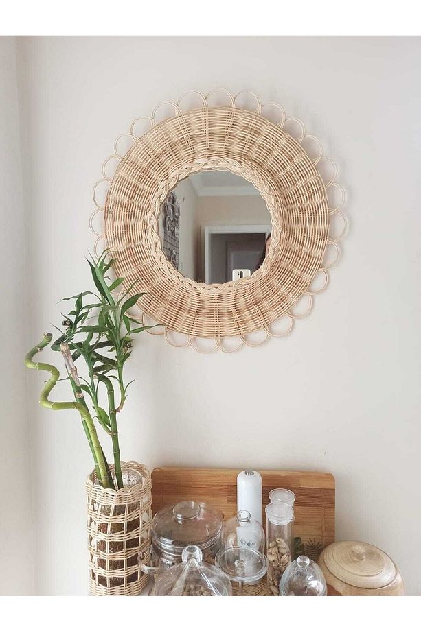 Rattan Bambu Hasır Ayna, Duvar Konsol Aynası - 2