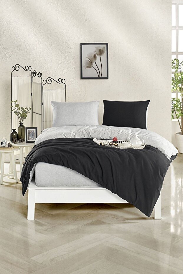 120x200 Solid Color Single Duvet Cover Set with Elastic Sheets Grey-black