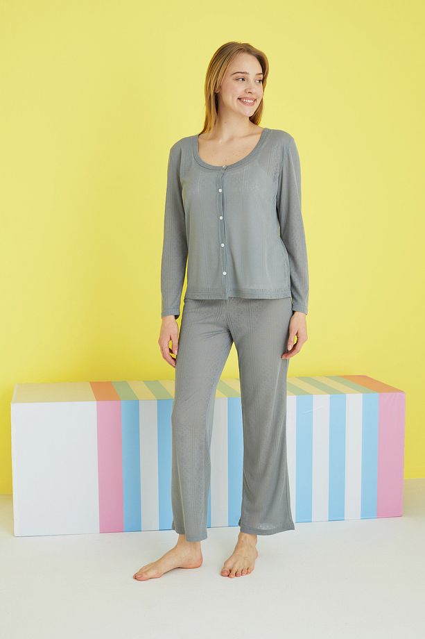 gri 3'lü Pointel Ajurlu/Delikli Örme Atletli Pijama Takım - 1