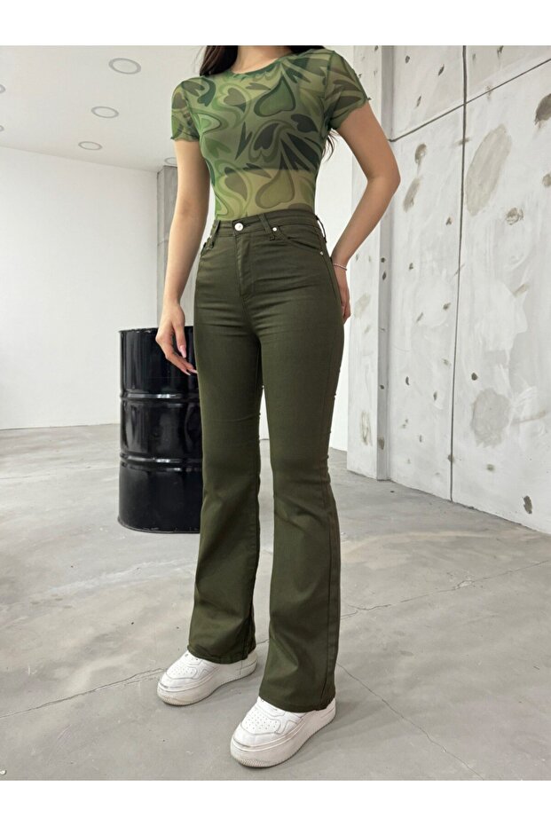 Women's Khaki Flared Leg Flexible Lycra Trousers