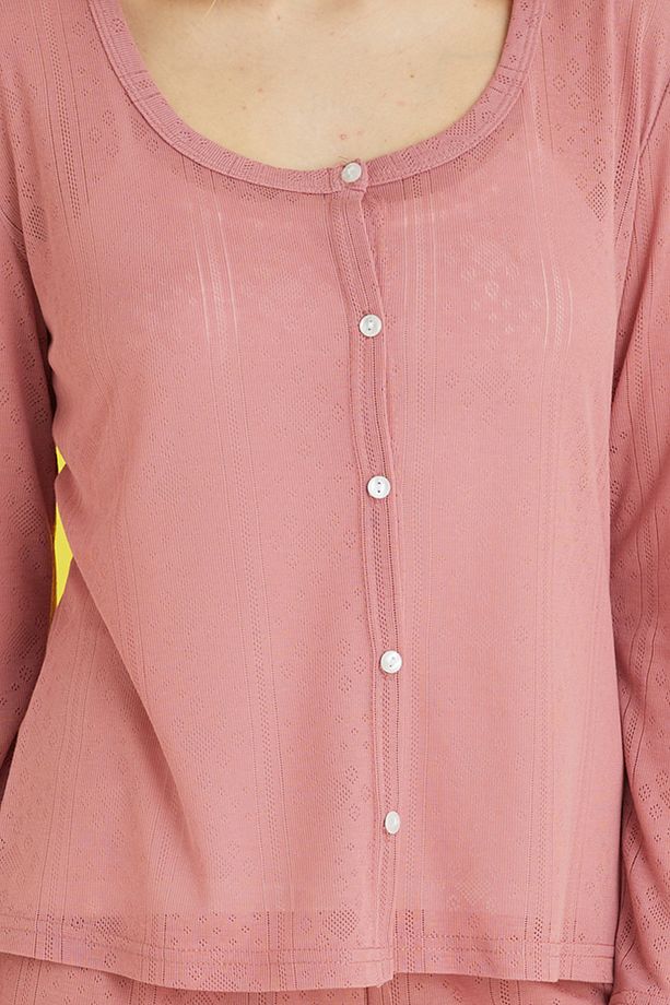 pudra 3'lü Pointel Ajurlu/Delikli Örme Atletli Pijama Takım - 5