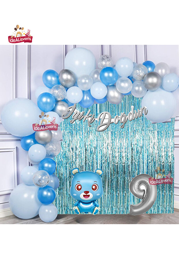 Blue Teddy Bear Silver 9 Year Old Blue Silver Birthday Party Set with Foil Balloons with Happy Birthday Writing