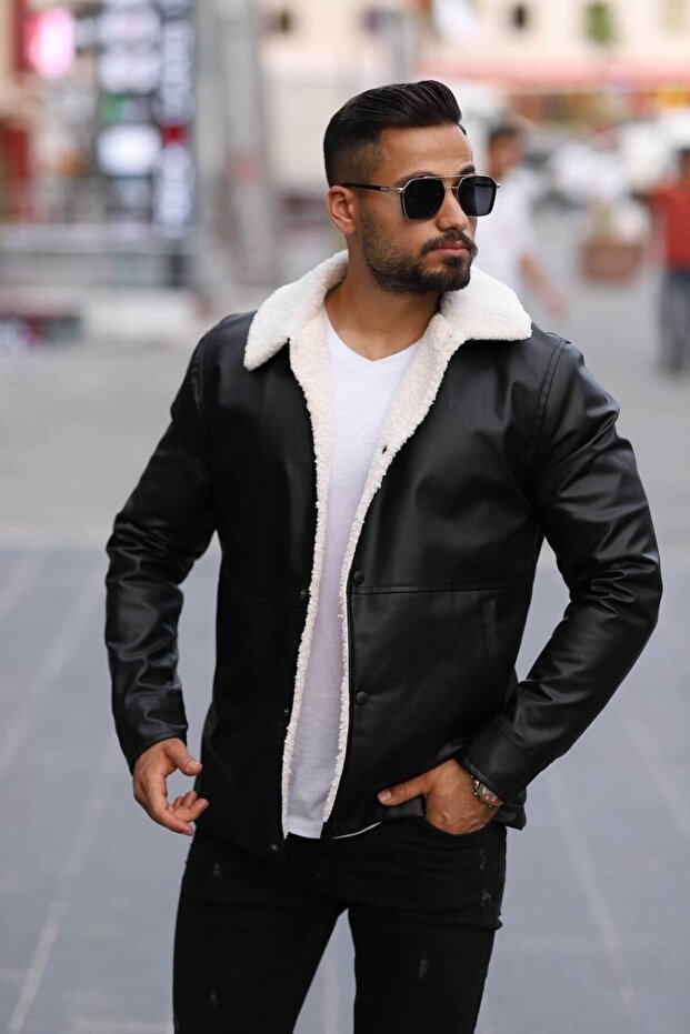Men's Furry Black Leather Jacket
