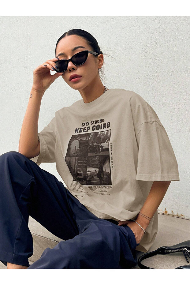 bej keep going baskılı unisex Oversize T-shirt - 2